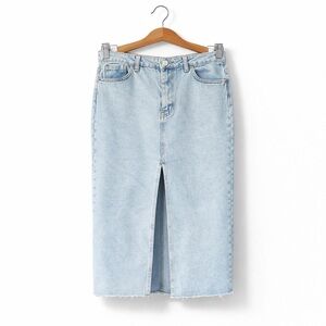 STRADIVARIUS Denim Midi Skirt Light Wash High Waist Front Slit Raw Hem